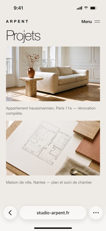Écran du site de Arpent, architecture intérieure imaginaire
