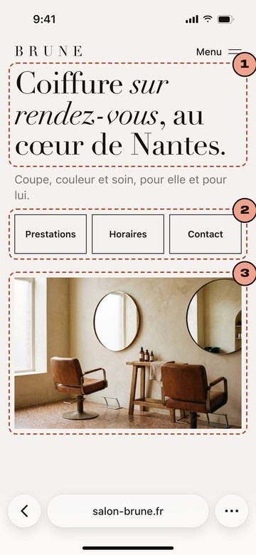 Écran du site de Brune, salon de coiffure imaginaire