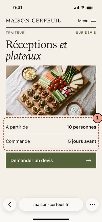Écran du site de Maison Cerfeuil, traiteur imaginaire