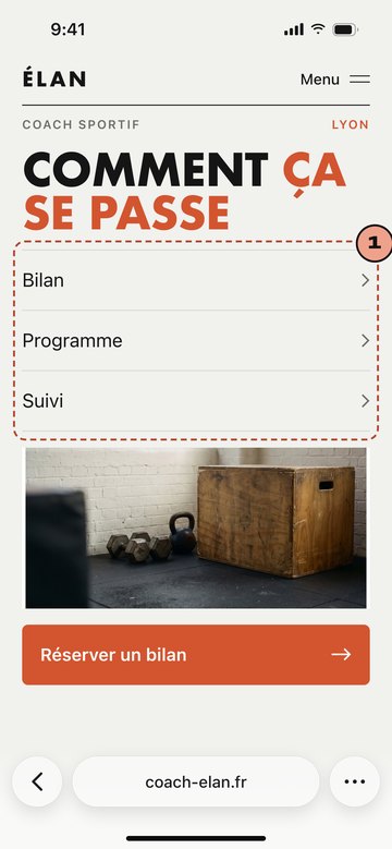 Écran du site de Élan, coach sportif imaginaire