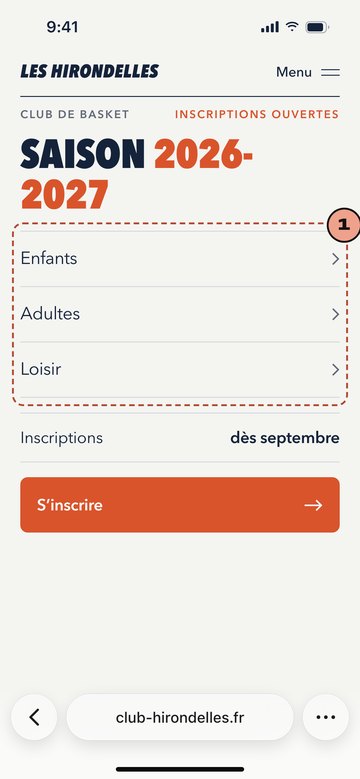 Écran du site de Les Hirondelles, club de basket imaginaire
