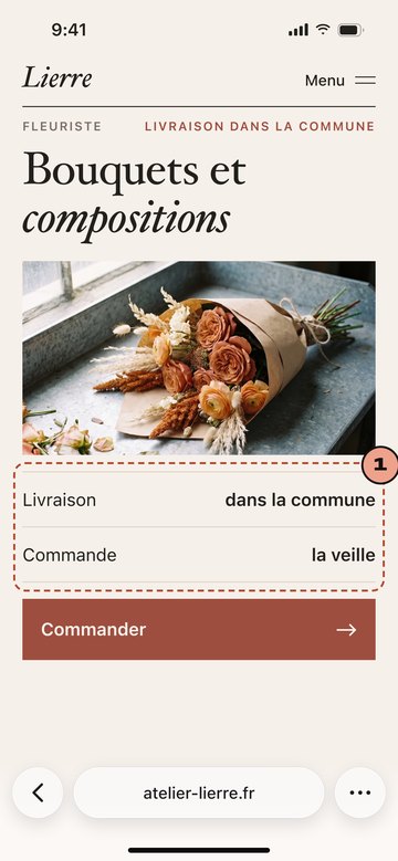 Écran du site de Lierre, fleuriste imaginaire