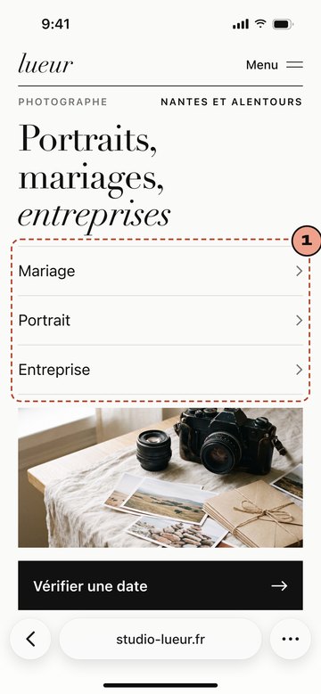Écran du site de Lueur, photographe imaginaire