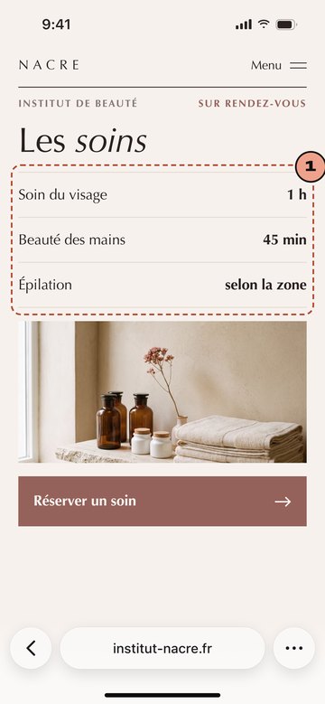 Écran du site de Nacre, institut de beauté imaginaire