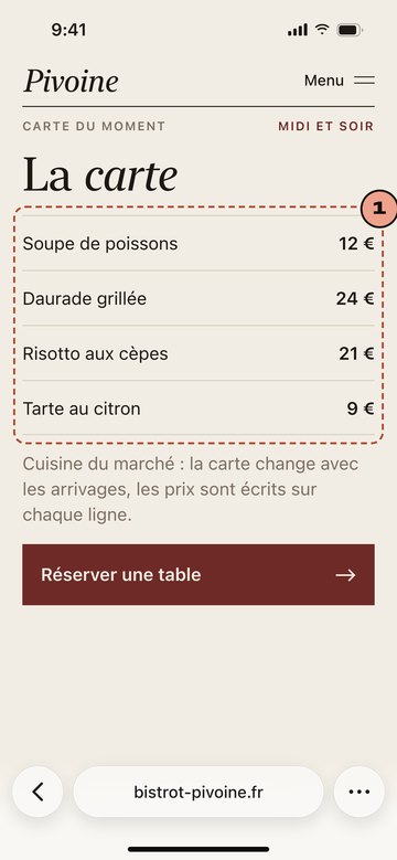 Écran du site de Pivoine, bistrot imaginaire
