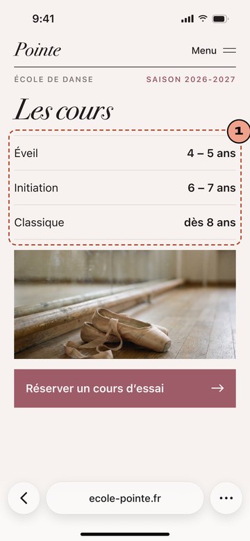 Écran du site de Pointe, école de danse imaginaire