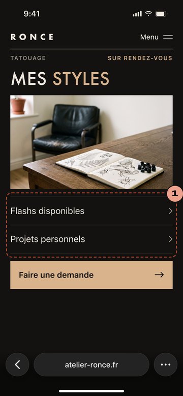 Écran du site de Ronce, atelier de tatouage imaginaire