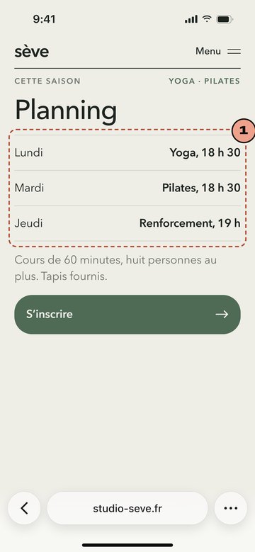 Écran du site de Sève, studio de yoga et de Pilates imaginaire
