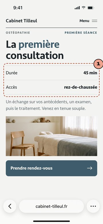 Écran du site de Cabinet Tilleul, ostéopathie imaginaire