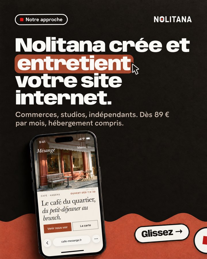 Nolitana crée et entretient votre site internet. Commerces, studios, indépendants. Dès 89 € par mois, hébergement compris. Un téléphone affiche le site d’un café de quartier imaginé pour l’exemple.