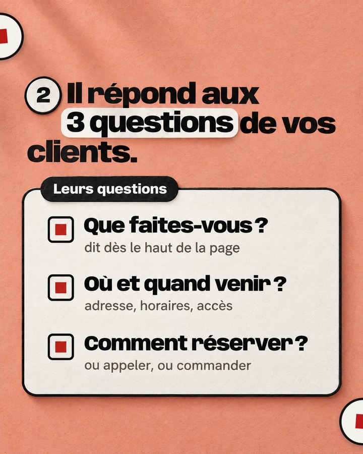 Il répond aux 3 questions de vos clients. Leurs questions. Que faites-vous ? — dit dès le haut de la page. Où et quand venir ? — adresse, horaires, accès. Comment réserver ? — ou appeler, ou commander.