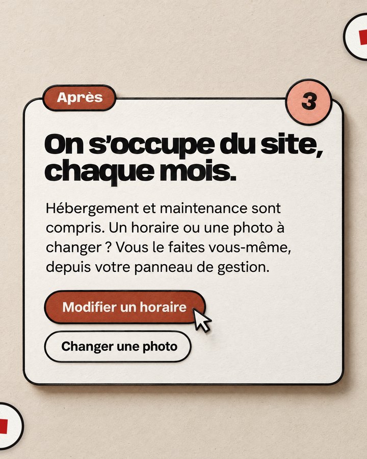 Après. On s’occupe du site, chaque mois. Hébergement et maintenance sont compris. Un horaire ou une photo à changer ? Vous le faites vous-même, depuis votre panneau de gestion.