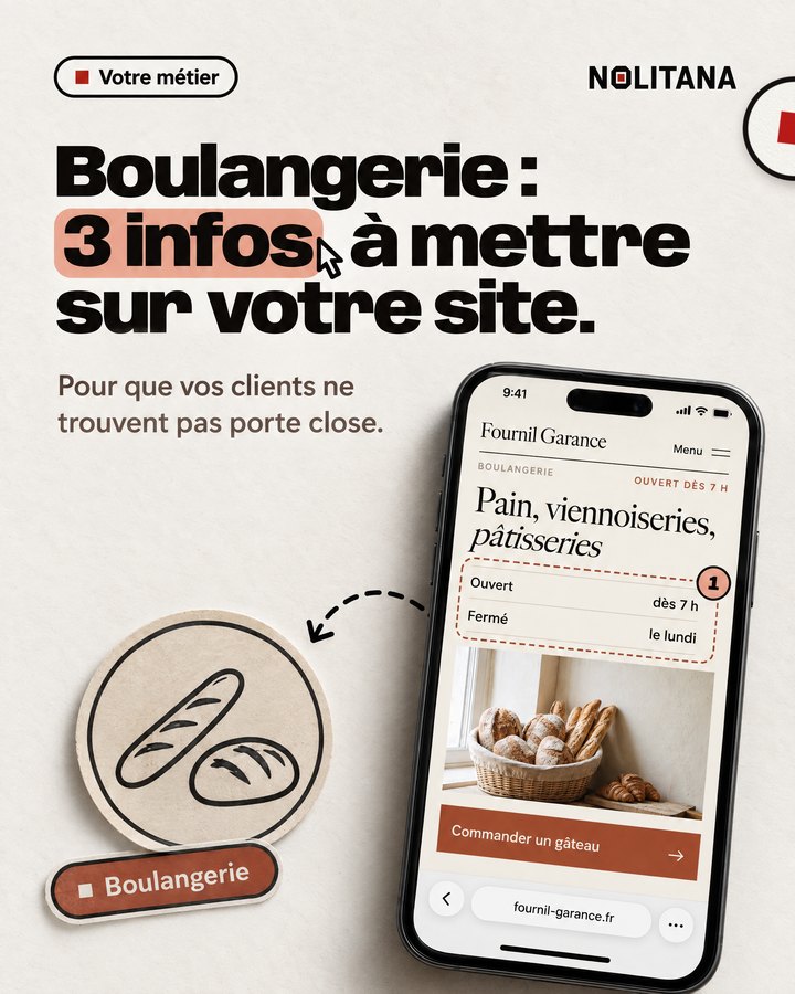Boulangerie : 3 infos à mettre sur votre site. Pour que vos clients ne trouvent pas porte close. Un téléphone affiche le site d’une boulangerie imaginée pour l’exemple.