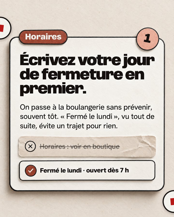 Horaires. Écrivez votre jour de fermeture en premier. On passe à la boulangerie sans prévenir, souvent tôt. « Fermé le lundi », vu tout de suite, évite un trajet pour rien. Barré : « Horaires : voir en boutique ». Validé : « Fermé le lundi · ouvert dès 7 h ».