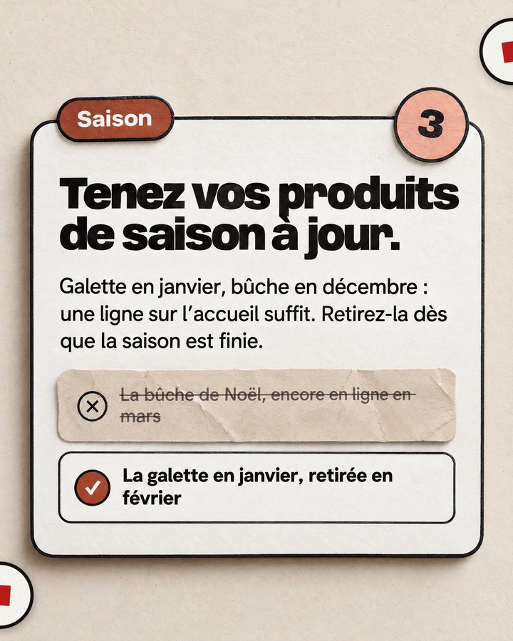 Saison. Tenez vos produits de saison à jour. Galette en janvier, bûche en décembre : une ligne sur l’accueil suffit. Retirez-la dès que la saison est finie. Barré : « La bûche de Noël, encore en ligne en mars ». Validé : « La galette en janvier, retirée en février ».