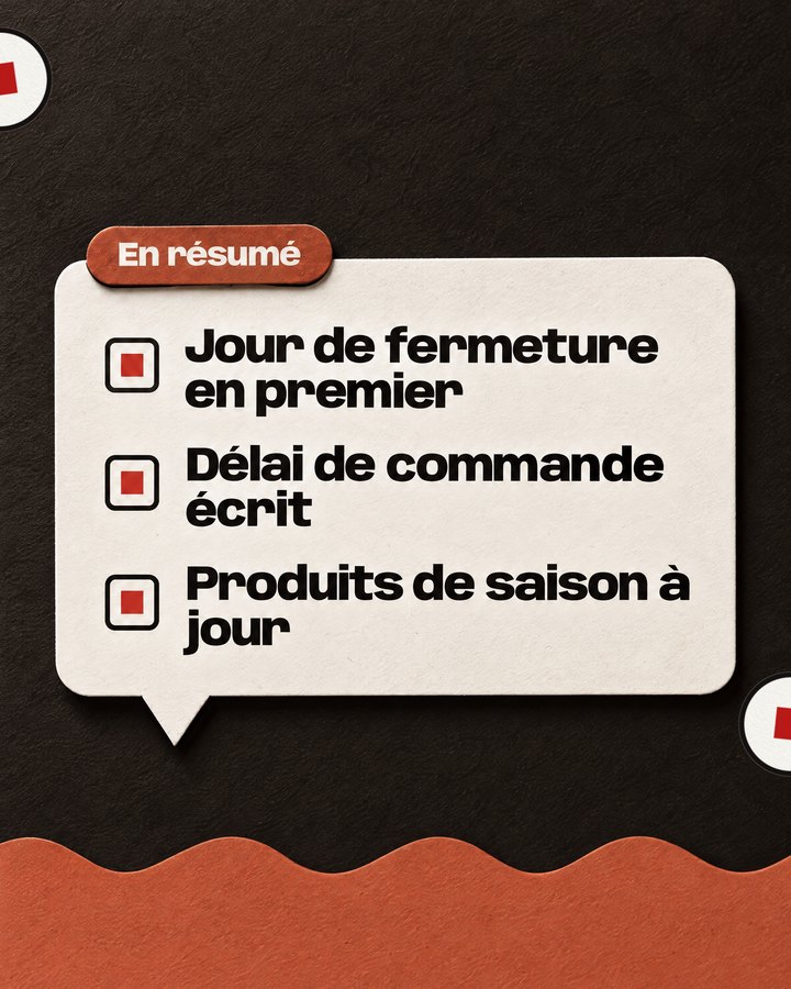 En résumé. Jour de fermeture en premier. Délai de commande écrit. Produits de saison à jour.