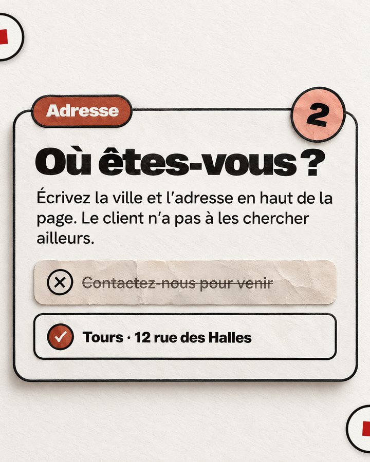 Adresse. Où êtes-vous ? Écrivez la ville et l’adresse en haut de la page. Le client n’a pas à les chercher ailleurs. Barré : « Contactez-nous pour venir ». Validé : « Tours · 12 rue des Halles ».