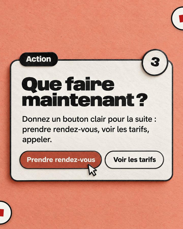 Action. Que faire maintenant ? Donnez un bouton clair pour la suite : prendre rendez-vous, voir les tarifs, appeler.