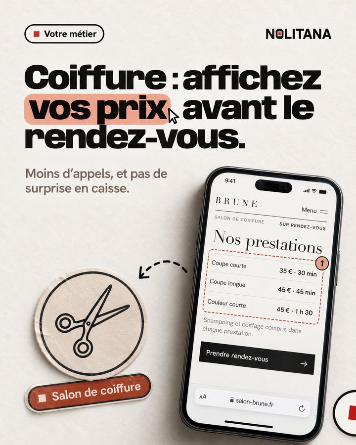 Coiffure : affichez vos prix avant le rendez-vous. Moins d’appels, et pas de surprise en caisse. Un téléphone affiche le site d’un salon de coiffure imaginé pour l’exemple.