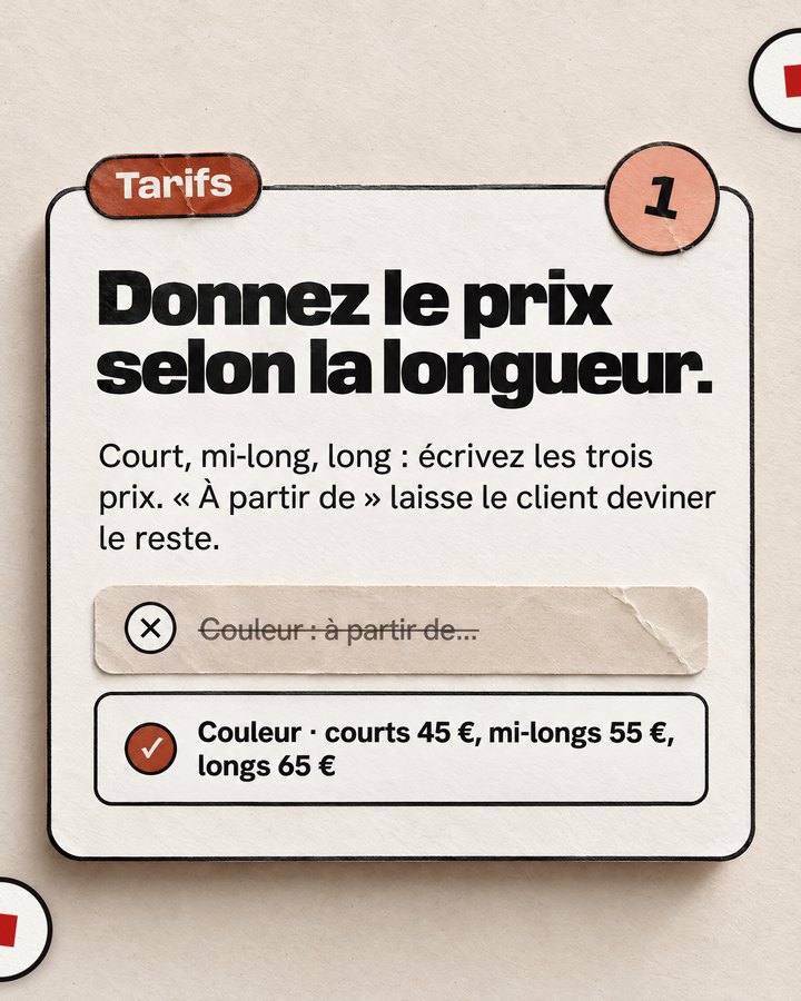 Tarifs. Donnez le prix selon la longueur. Court, mi-long, long : écrivez les trois prix. « À partir de » laisse le client deviner le reste. Barré : « Couleur : à partir de… ». Validé : « Couleur · courts 45 €, mi-longs 55 €, longs 65 € ».