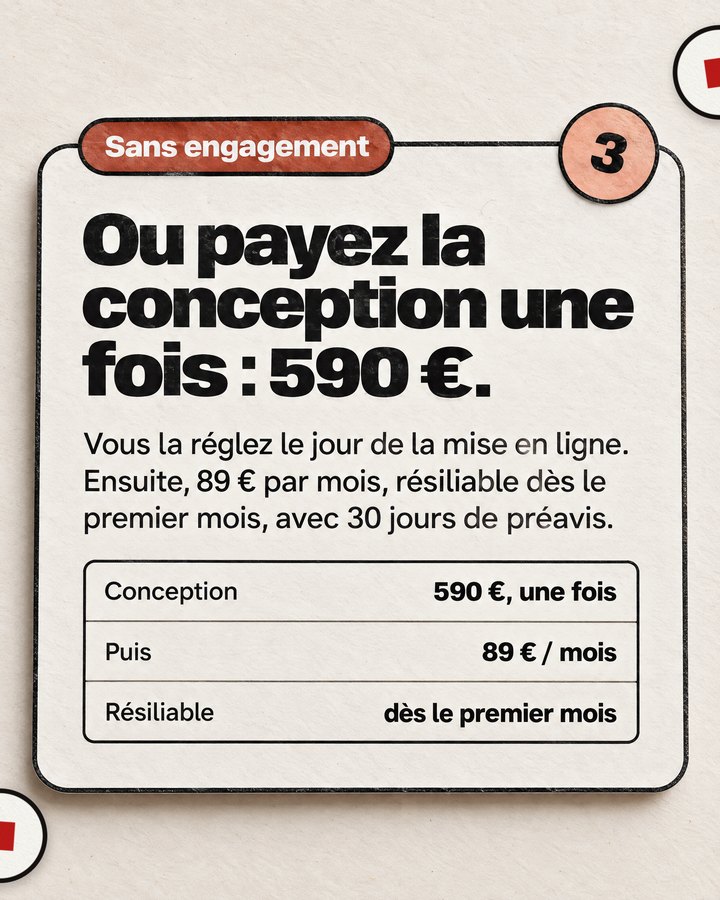 Sans engagement. Ou payez la conception une fois : 590 €. Vous la réglez le jour de la mise en ligne. Ensuite, 89 € par mois, résiliable dès le premier mois, avec 30 jours de préavis.