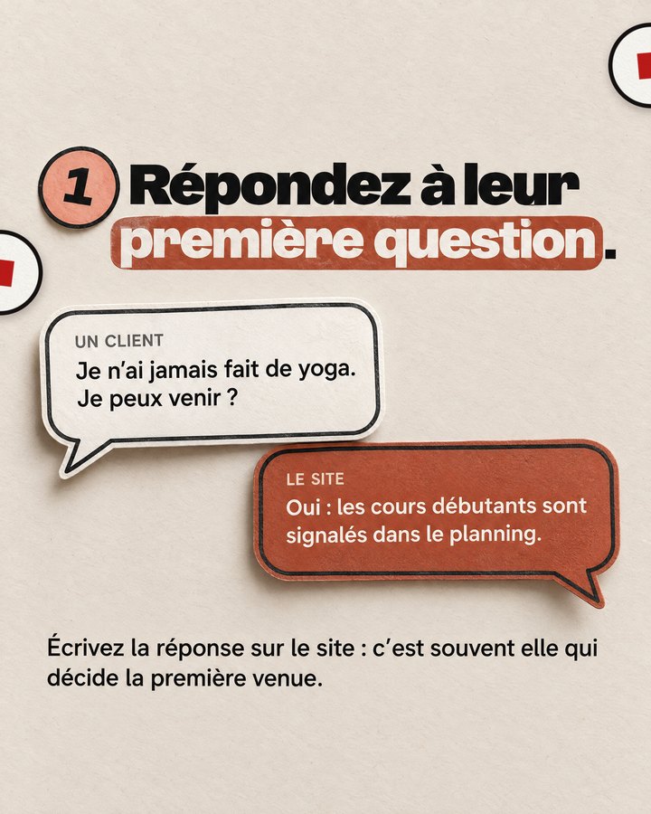 Répondez à leur première question. Écrivez la réponse sur le site : c’est souvent elle qui décide la première venue. Je n’ai jamais fait de yoga. Je peux venir ? Oui : les cours débutants sont signalés dans le planning.