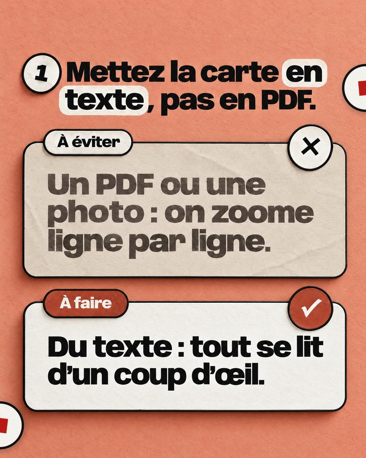 Mettez la carte en texte, pas en PDF. À éviter : Un PDF ou une photo : on zoome ligne par ligne. À faire : Du texte : tout se lit d’un coup d’œil.
