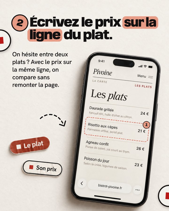 Écrivez le prix sur la ligne du plat. On hésite entre deux plats ? Avec le prix sur la même ligne, on compare sans remonter la page. Un téléphone affiche le site d’un bistrot imaginé pour l’exemple.
