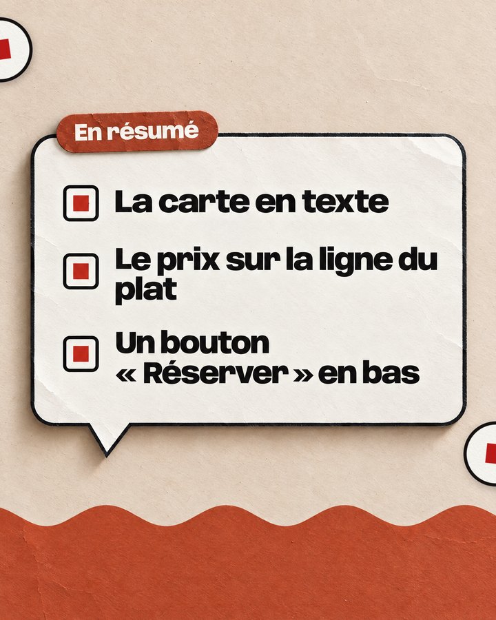 En résumé. La carte en texte. Le prix sur la ligne du plat. Un bouton « Réserver » en bas.