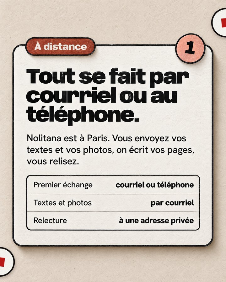 À distance. Tout se fait par courriel ou au téléphone. Nolitana est à Paris. Vous envoyez vos textes et vos photos, on écrit vos pages, vous relisez.
