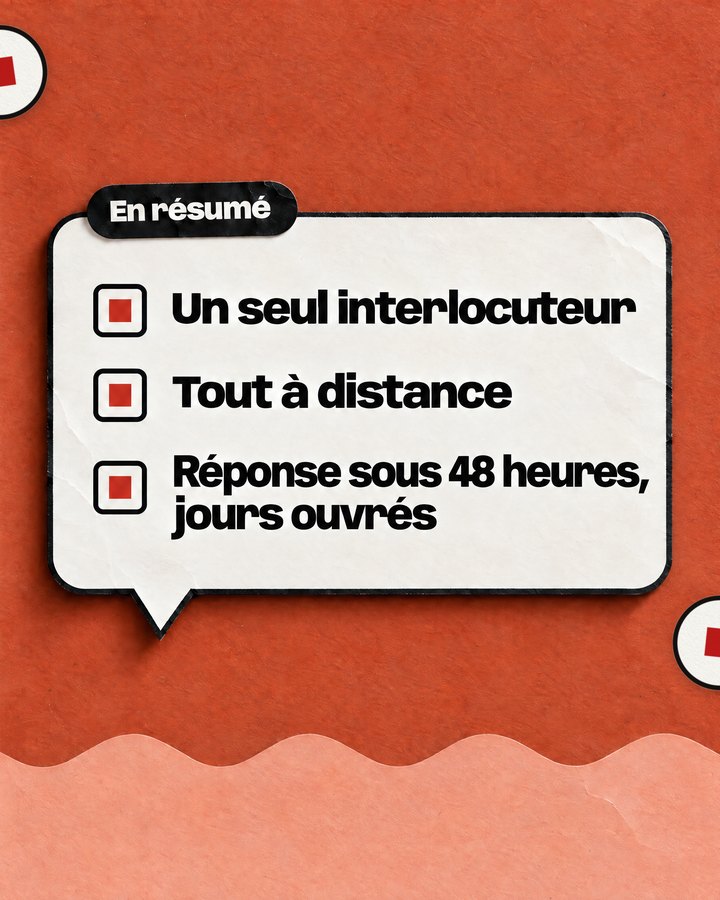 En résumé. Un seul interlocuteur. Tout à distance. Réponse sous 48 heures, jours ouvrés.