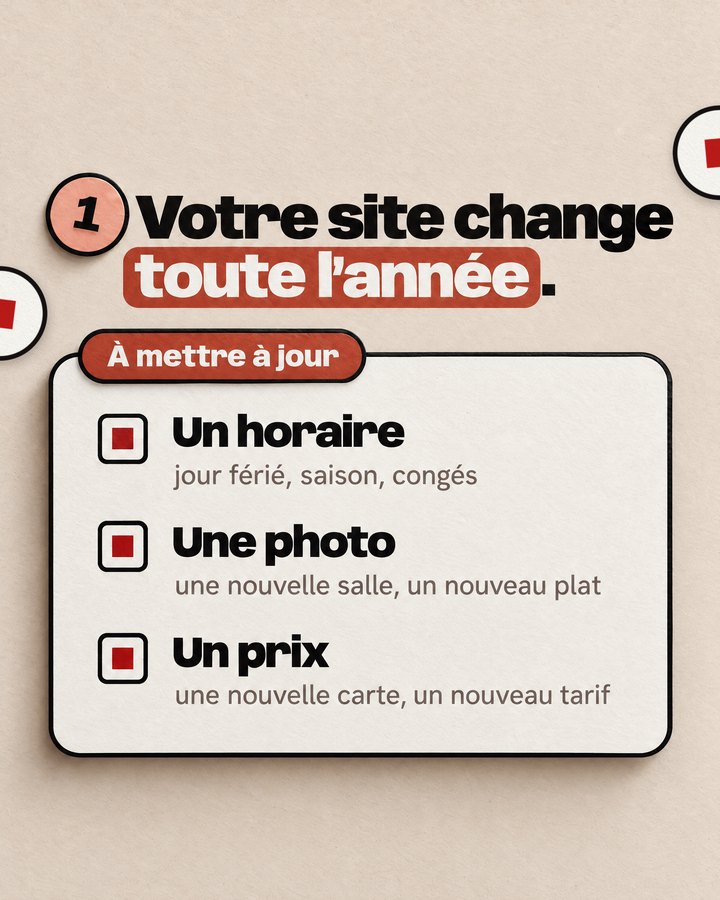 Votre site change toute l’année. À mettre à jour. Un horaire — jour férié, saison, congés. Une photo — une nouvelle salle, un nouveau plat. Un prix — une nouvelle carte, un nouveau tarif.
