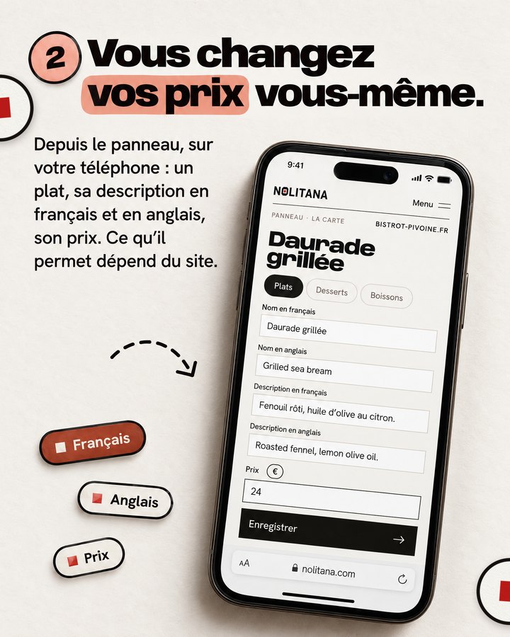 Vous changez vos prix vous-même. Depuis le panneau, sur votre téléphone : un plat, sa description en français et en anglais, son prix. Ce qu’il permet dépend du site. Un téléphone affiche le panneau de gestion Nolitana, ouvert sur un plat de la carte d’un bistrot imaginé pour l’exemple.
