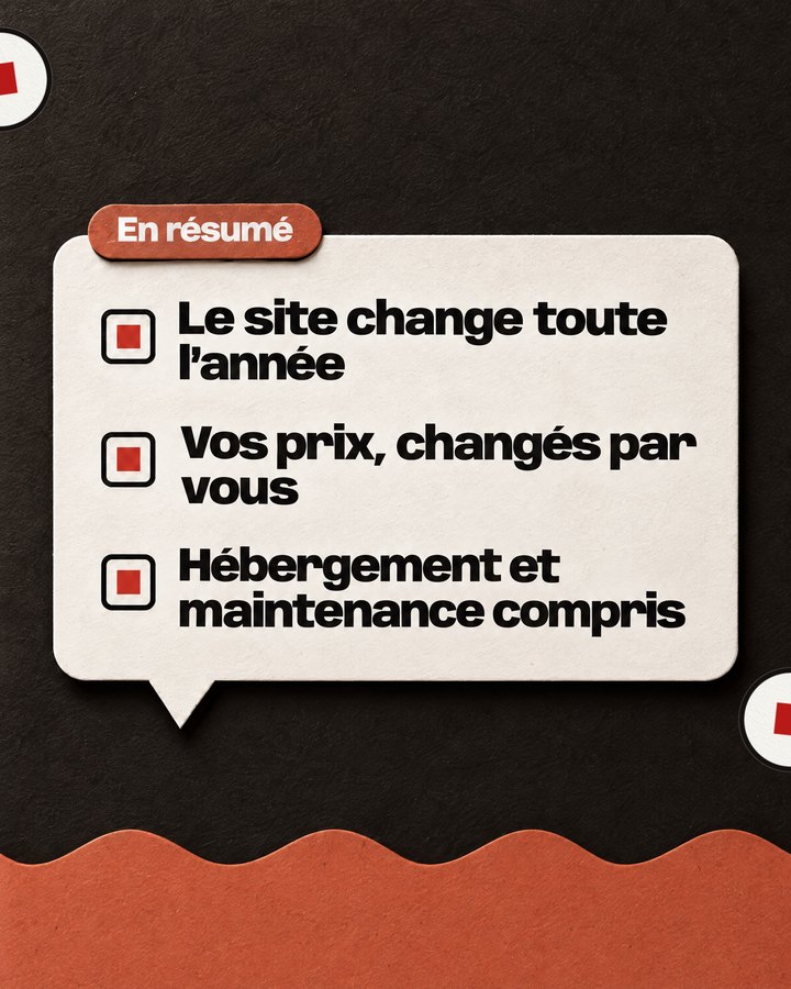 En résumé. Le site change toute l’année. Vos prix, changés par vous. Hébergement et maintenance compris.