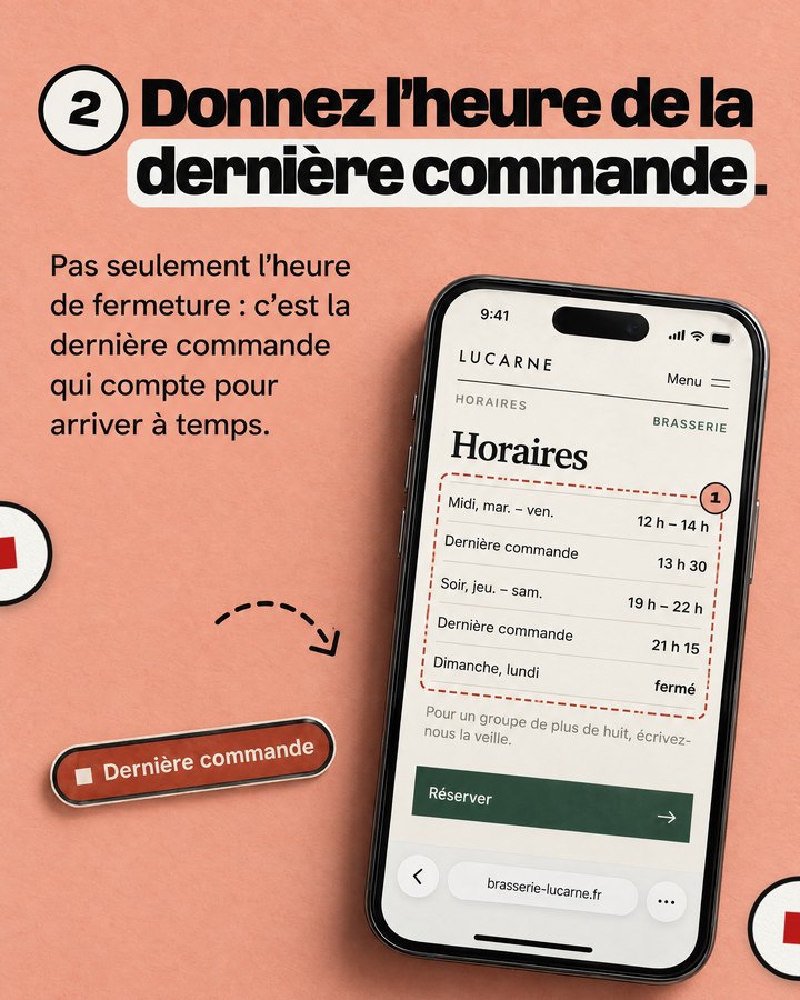 Donnez l’heure de la dernière commande. Pas seulement l’heure de fermeture : c’est la dernière commande qui compte pour arriver à temps. Un téléphone affiche le site d’une brasserie imaginée pour l’exemple.