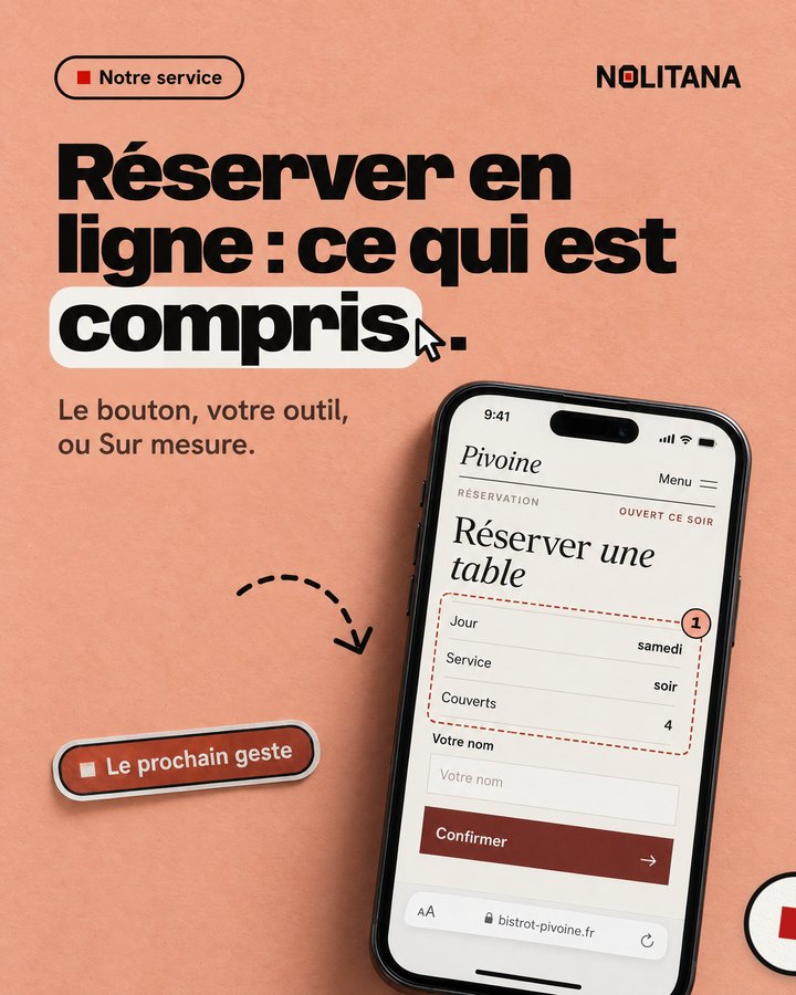 Réserver en ligne : ce qui est compris. Le bouton, votre outil, ou Sur mesure. Un téléphone affiche le site d’un bistrot imaginé pour l’exemple.