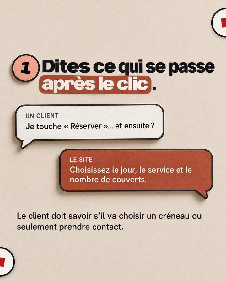 Dites ce qui se passe après le clic. Le client doit savoir s’il va choisir un créneau ou seulement prendre contact. Je touche « Réserver »… et ensuite ? Choisissez le jour, le service et le nombre de couverts.