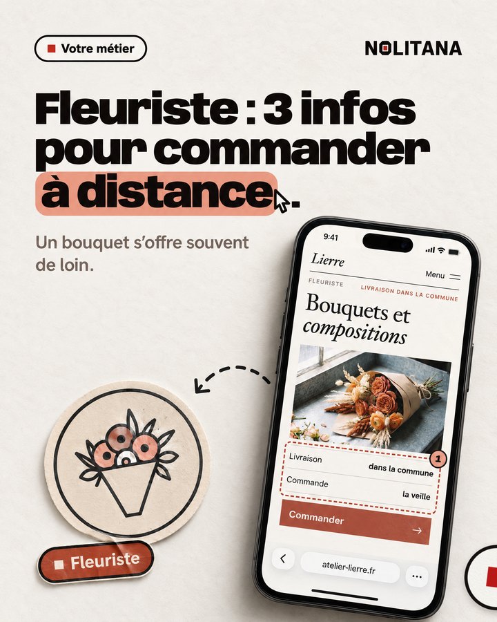 Fleuriste : 3 infos pour commander à distance. Un bouquet s’offre souvent de loin. Un téléphone affiche le site d’un fleuriste imaginé pour l’exemple.