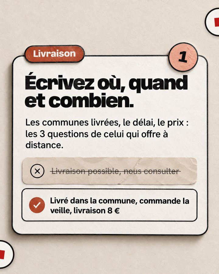 Livraison. Écrivez où, quand et combien. Les communes livrées, le délai, le prix : les 3 questions de celui qui offre à distance. Barré : « Livraison possible, nous consulter ». Validé : « Livré dans la commune, commande la veille, livraison 8 € ».