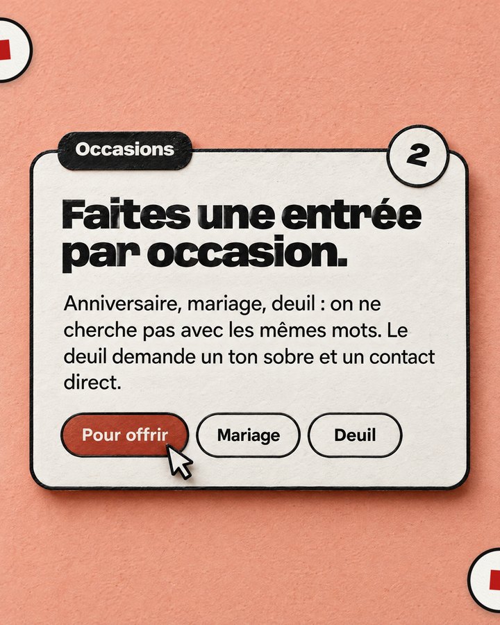Occasions. Faites une entrée par occasion. Anniversaire, mariage, deuil : on ne cherche pas avec les mêmes mots. Le deuil demande un ton sobre et un contact direct.