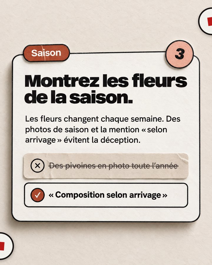 Saison. Montrez les fleurs de la saison. Les fleurs changent chaque semaine. Des photos de saison et la mention « selon arrivage » évitent la déception. Barré : « Des pivoines en photo toute l’année ». Validé : « Composition selon arrivage ».