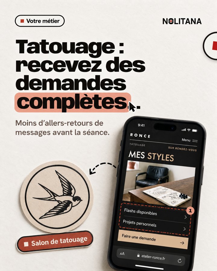 Tatouage : recevez des demandes complètes. Moins d’allers-retours de messages avant la séance. Un téléphone affiche le site d’un atelier de tatouage imaginé pour l’exemple.