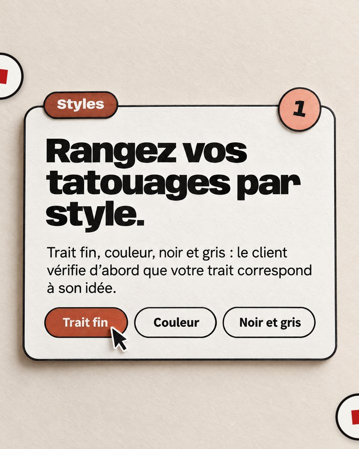 Styles. Rangez vos tatouages par style. Trait fin, couleur, noir et gris : le client vérifie d’abord que votre trait correspond à son idée.