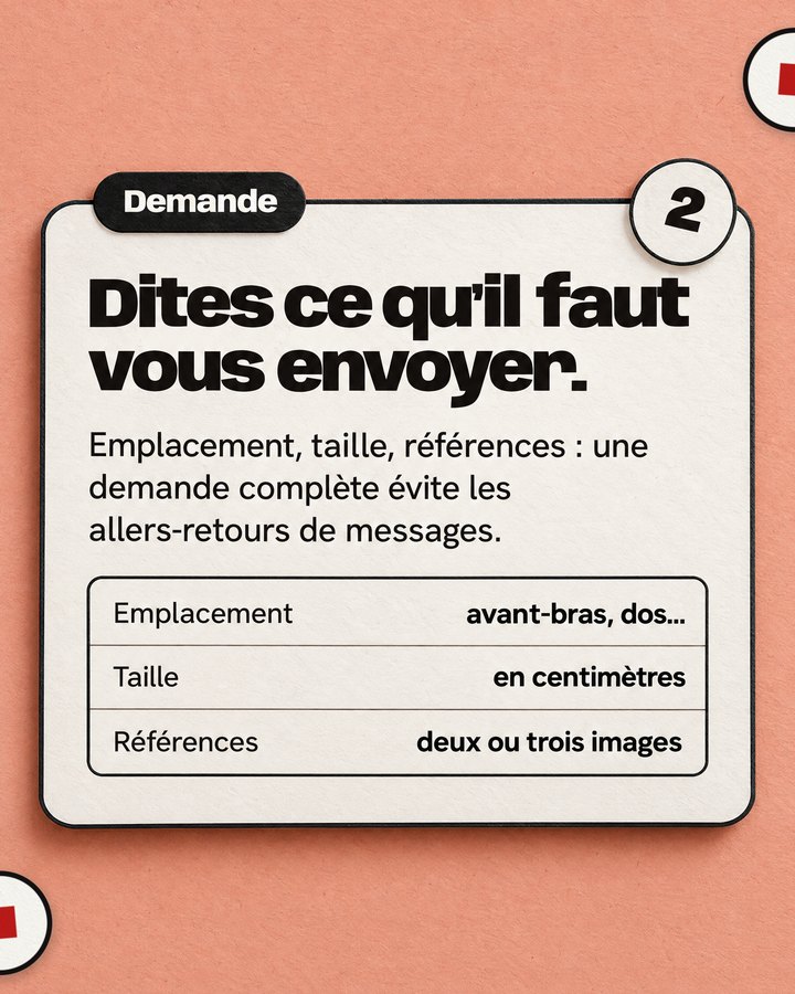 Demande. Dites ce qu’il faut vous envoyer. Emplacement, taille, références : une demande complète évite les allers-retours de messages.