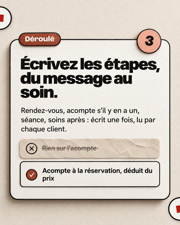 Déroulé. Écrivez les étapes, du message au soin. Rendez-vous, acompte s’il y en a un, séance, soins après : écrit une fois, lu par chaque client. Barré : « Rien sur l’acompte ». Validé : « Acompte à la réservation, déduit du prix ».