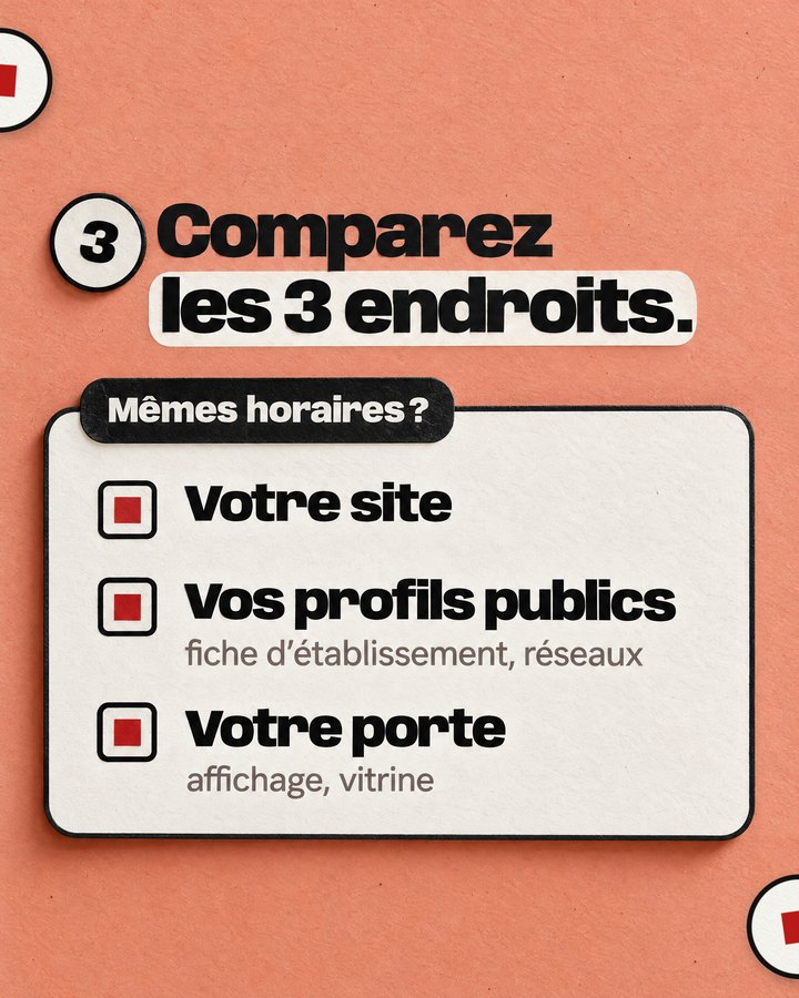 Comparez les 3 endroits. Mêmes horaires ? Votre site. Vos profils publics — fiche d’établissement, réseaux. Votre porte — affichage, vitrine.