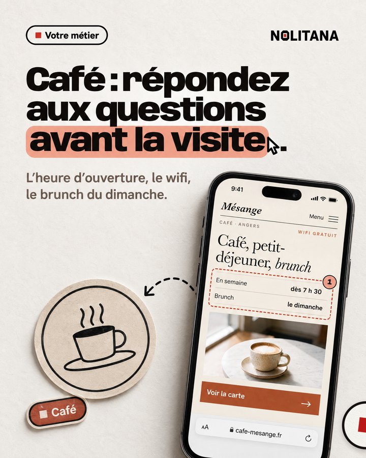 Café : répondez aux questions avant la visite. L’heure d’ouverture, le wifi, le brunch du dimanche. Un téléphone affiche le site d’un café de quartier imaginé pour l’exemple.