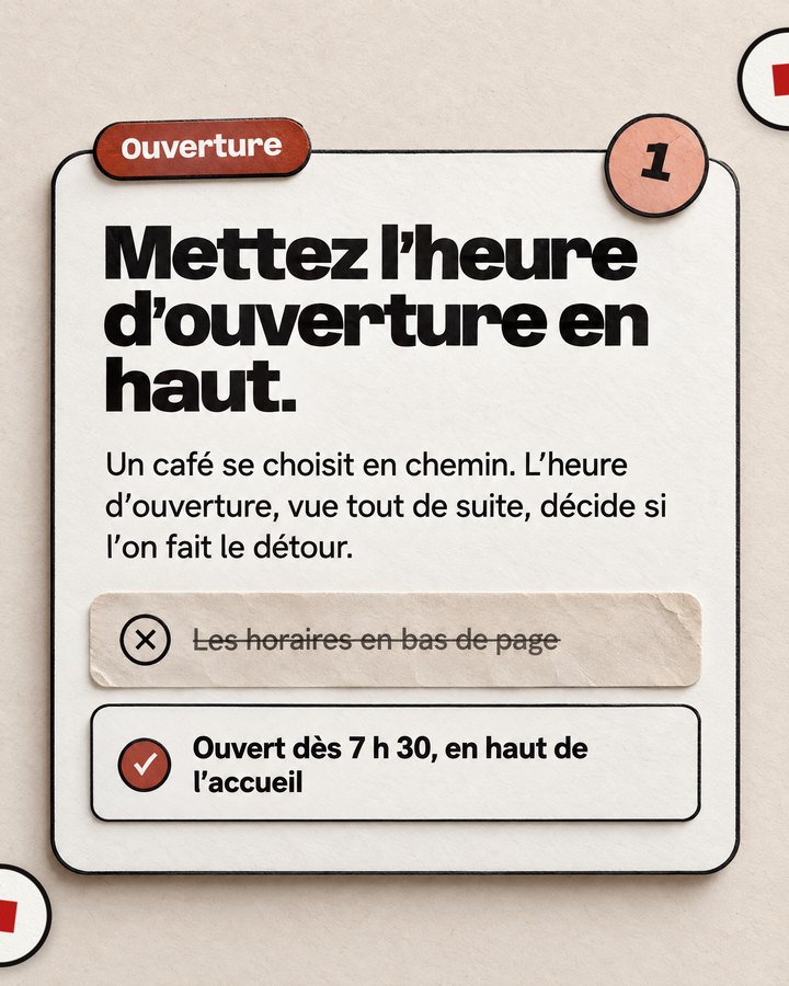 Ouverture. Mettez l’heure d’ouverture en haut. Un café se choisit en chemin. L’heure d’ouverture, vue tout de suite, décide si l’on fait le détour. Barré : « Les horaires en bas de page ». Validé : « Ouvert dès 7 h 30, en haut de l’accueil ».