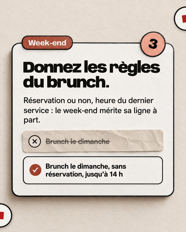 Week-end. Donnez les règles du brunch. Réservation ou non, heure du dernier service : le week-end mérite sa ligne à part. Barré : « Brunch le dimanche ». Validé : « Brunch le dimanche, sans réservation, jusqu’à 14 h ».