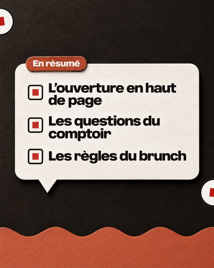 En résumé. L’ouverture en haut de page. Les questions du comptoir. Les règles du brunch.